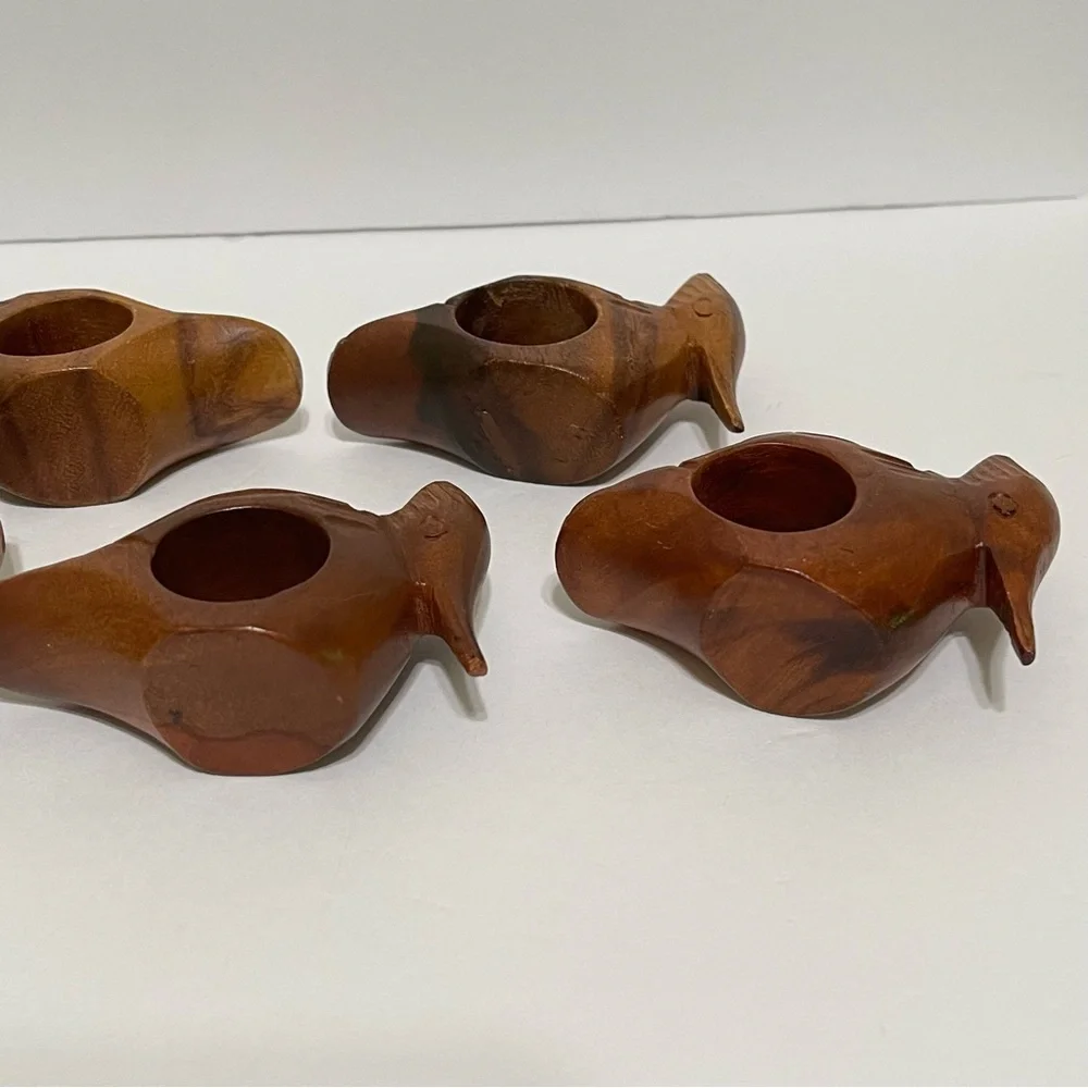 Woodpecker Bird Napkin Rings Hand Carved Wood Rustic Farmhouse Cabin Set of 6